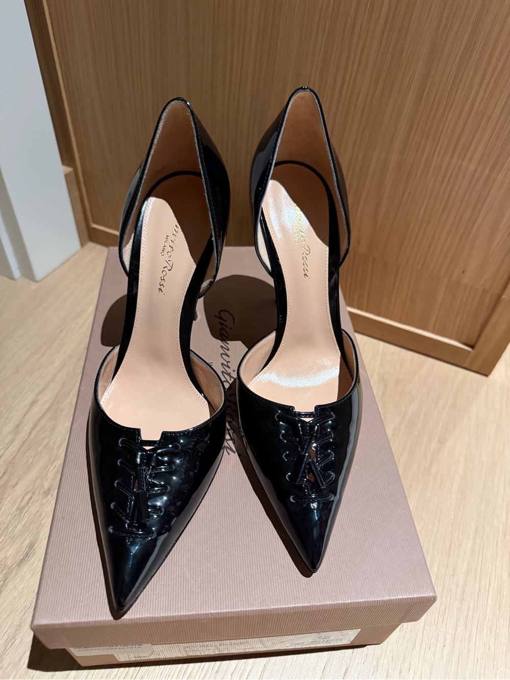 Gianvito Rossi Black Patent Pointed Lace-Up Pumps